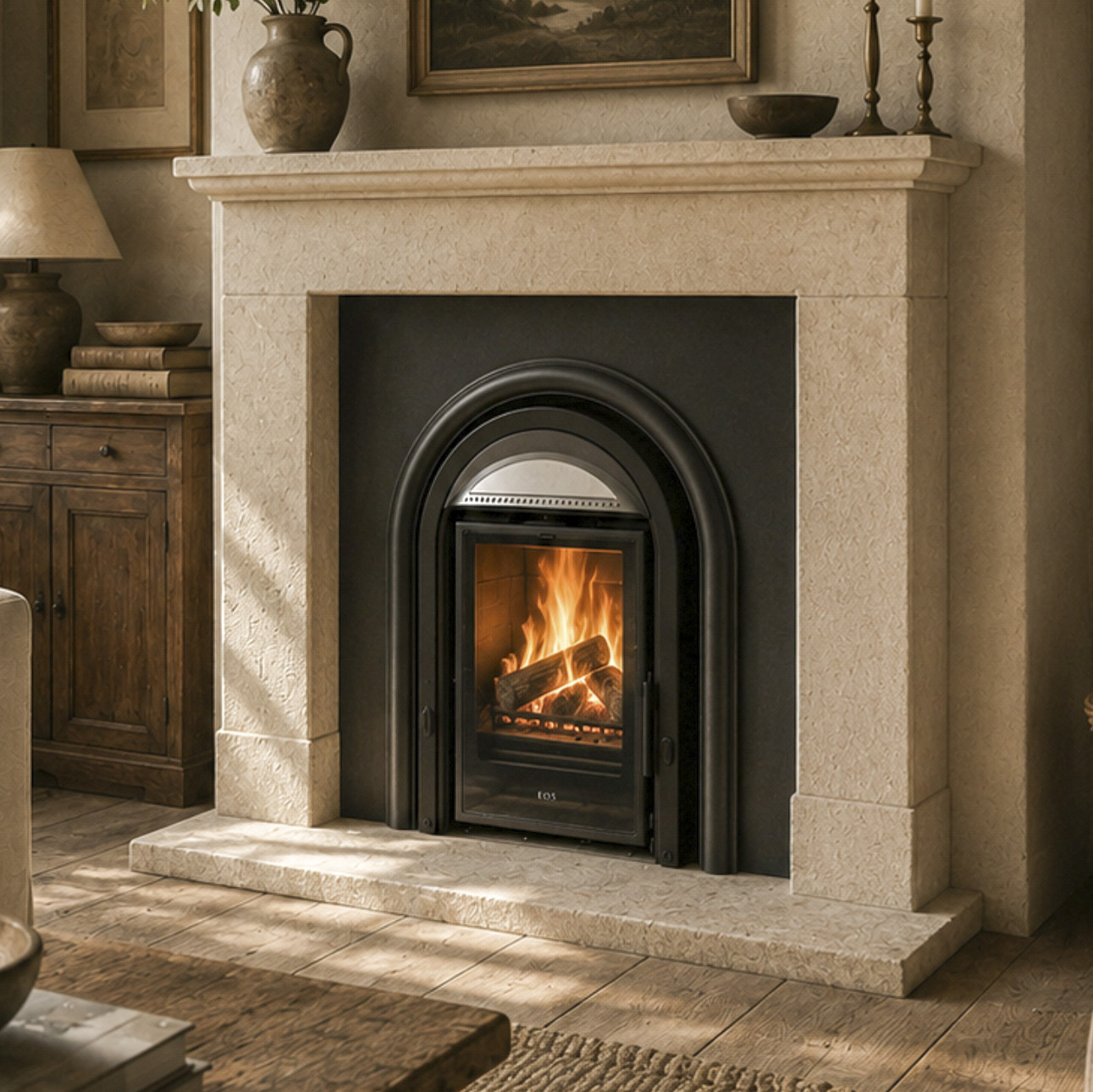 Mendip Dinder 40 (with Aston frame), inset woodburning stove